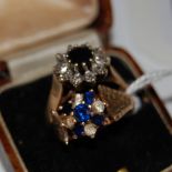 A 9CT GOLD, SAPPHIRE AND DIAMOND FLOWER CLUSTER RING, TOGETHER WITH ANOTHER MID-CENTURY 9CT GOLD