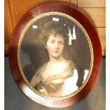 A GROUP OF FOUR OVAL FRAMED PRINTS TO INCLUDE A MAHOGANY FRAMED PRINT OF A LADY, AND THREE PRINTS OF