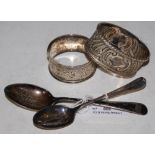 TWO SILVER NAPKIN RINGS AND TWO SILVER TEASPOONS