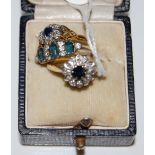 AN 18CT GOLD, SAPPHIRE AND DIAMOND CHIP CLUSTER RING, TOGETHER WITH A YELLOW AND WHITE METAL,