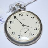 A VINTAGE LONGINES WHITE METAL CASED OPEN FACED POCKETWATCH