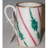A LATE 19TH CENTURY/ EARLY 20TH CENTURY PORCELAIN TANKARD WITH PINK STRIPE AND GREEN FOLIATE TRAILED