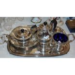 A COLLECTION OF PLATED WARES TO INCLUDE A TWIN HANDLED SERVING TRAY, BLACK HANDLED TEAPOT, BLACK