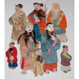 A GROUP OF EIGHT ASSORTED CHINESE CUT-OUT FIGURES WITH SILK CLOTHING AND APPLIED HAIR DETAIL,