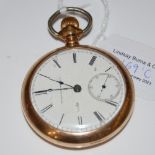 A VINTAGE YELLOW METAL CASED ELGIN OPEN FACED POCKETWATCH WITH BLACK AND WHITE ROMAN NUMERAL DIAL