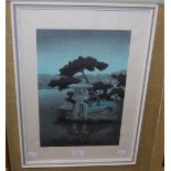 A JAPANESE WOODBLOCK PRINT, LATE 19TH / EARLY 20TH CENTURY, PAVILION AND PINE TREES AT TWILIGHT,