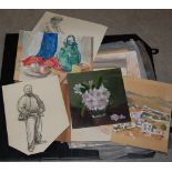 A FOLIO CONTAINING A COLLECTION OF VARIOUS 20TH CENTURY SKETCHES, ARTWORKS