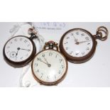 A GROUP OF THREE SMALL POCKETWATCHES TO INCLUDE ONE BY OMEGA WITH GUN METAL CASE, BLACK AND WHITE