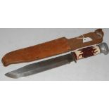 A HORN HANDLED HUNTING KNIFE IN LEATHER SHEATH, THE BLADE INSCRIBED 'ORIGINAL BOWIE KNIFE, SCHUR