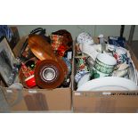 TWO BOXES - ASSORTED HOUSEHOLD ITEMS, CERAMICS, WOODEN WARE, PLATED WARE, PRINT ETC