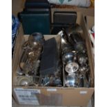 BOX - ASSORTED EP WARE, CASED AND LOOSE CUTLERY AND FLATWARE