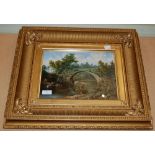 19TH CENTURY BRITISH SCHOOL, RIVER SCENE WITH CATTLE WATERING AND MAID, STONE ARCHED BRIDGE WITH
