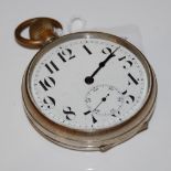 A VINTAGE WHITE METAL CASED GOLIATH POCKETWATCH WITH BLACK AND WHITE ARABIC NUMERAL DIAL WITH