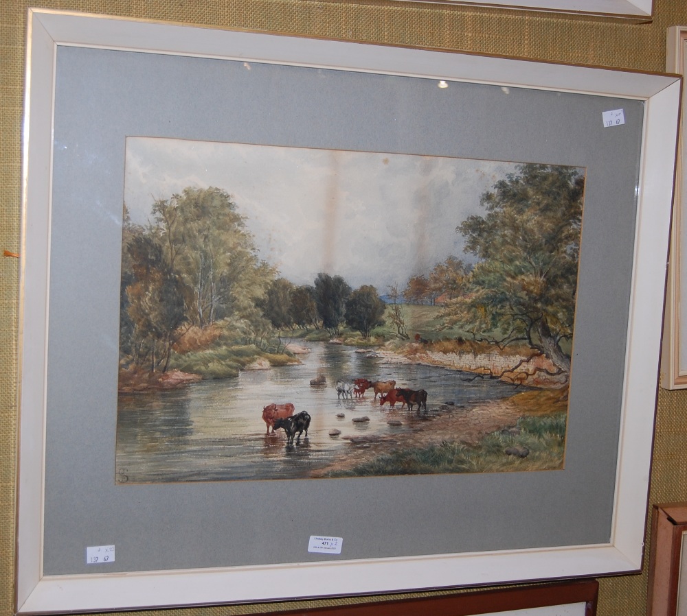 19TH CENTURY BRITISH SCHOOL, CATTLE WATERING IN A RIVER LANDSCAPE, WATERCOLOUR, SIGNED WITH INITIALS - Image 2 of 2