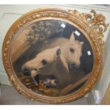 19TH CENTURY BRITISH SCHOOL, ENGRAVING OF TWO HORSES AND A PAIR OF DOVES, FRAMED CIRCULAR IN GILT