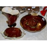 FOUR PIECES OF CARLTON WARE ROUGE ROYALE TO INCLUDE A VASE, A PIN DISH, A LIDDED BUTTER DISH AND A