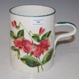 A WEMYSS POTTERY TANKARD DECORATED WITH SWEET PEAS, IMPRESSED MARK AND GREEN PAINTED MARK FOR 'T.