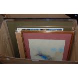 BOX - ASSORTED DECORATIVE WATERCOLOURS AND PRINTS TO INCLUDE TWO WATERCOLOURS BY ROBERT MURRAY -