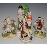 A GROUP OF 19TH CENTURY ENGLISH POTTERY FIGURES TO INCLUDE FIGURE GROUP TITLED 'PASTIME', A PAIR