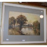 19TH CENTURY BRITISH SCHOOL, CATTLE WATERING IN A RIVER LANDSCAPE, WATERCOLOUR, SIGNED WITH INITIALS