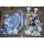 TWO BOXES - ASSORTED CERAMICS TO INCLUDE BLUE AND WHITE WARES, CHINESE FAMILLE ROSE PART TEA SETS,