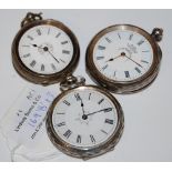 THREE ASSORTED SILVER CASED POCKETWATCHES, EACH WITH BLACK AND WHITE ROMAN NUMERAL DIAL, ONE