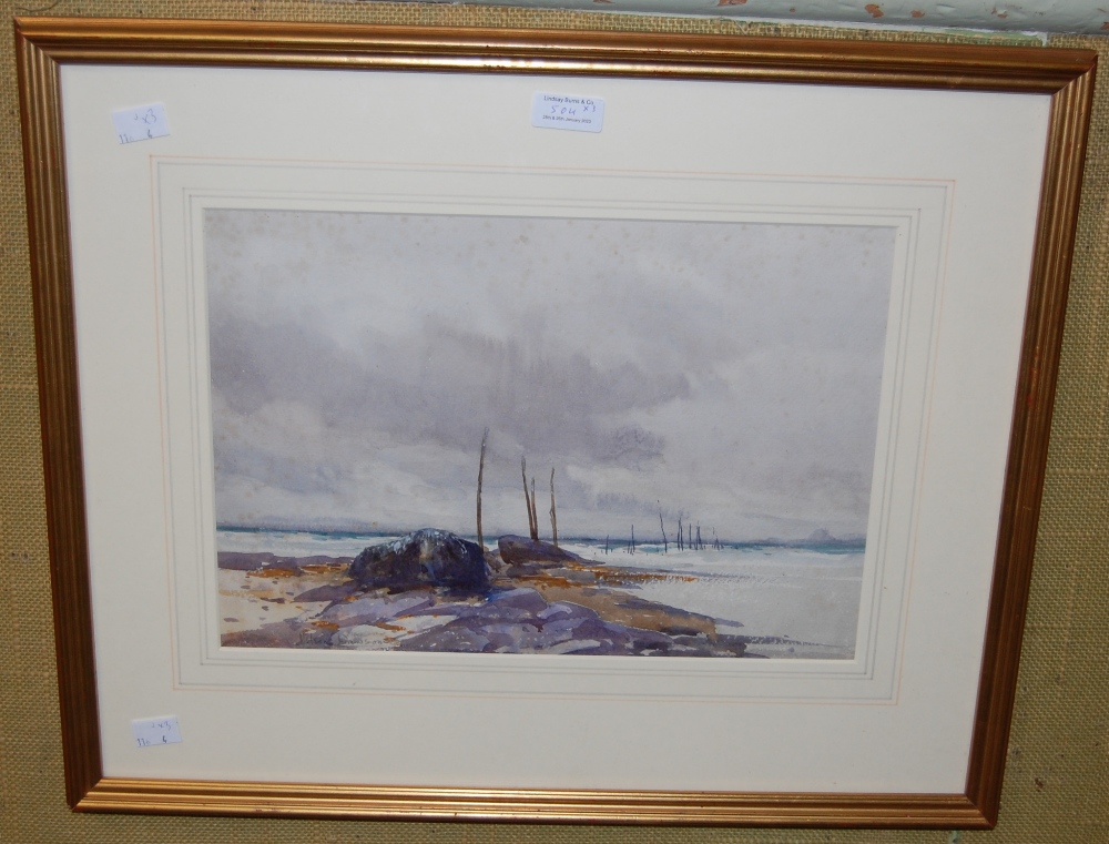 NELSON DAWSON (1859-1941) OFF THE NORTHUMBERLAND COAST, 1889, WATERCOLOUR, SIGNED LOWER LEFT, 24.5CM