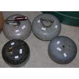 A GROUP OF FOUR ASSORTED CURLING STONES (ONE LACKING HANDLE)