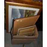 BOX - ASSORTED PICTURES AND PRINTS TO INCLUDE A GILT FRAMED PRINT OF A SCOTTISH LANDSCAPE WITH