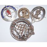 FOUR ASSORTED SCOTTISH CLAN BADGES, THREE SILVER AND ONE WHITE METAL