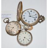 A SILVER CASED OPEN FACED POCKETWATCH WITH ROMAN NUMERAL DIAL TOGETHER WITH ANOTHER WHITE METAL