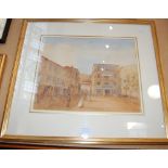 A GROUP OF FOUR 19TH CENTURY WATERCOLOURS AND DRAWINGS TO INCLUDE 'A NEW WORLD TOWN SQUARE', 25CM