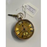 A 9CT GOLD OPEN FACED POCKET WATCH WITH ROMAN NUMERAL DIAL AND SUBSIDIARY SECONDS DIAL BEARING