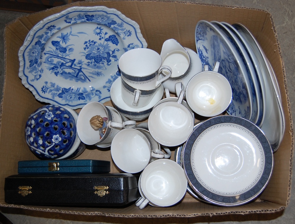 BOX OF ASSORTED CERAMICS AND CASED CUTLERY TO INCLUDE A ROYAL DOULTON SHERBROOKE PART TEA SET, A