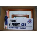 FOOTBALL INTEREST: BOX OF GLASGOW RANGERS FOOTBALL CLUB ITEMS TO INCLUDE A PRESSED METAL PLAQUE