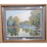 AR J.D. HENDERSON (20TH CENTURY), BOATING POND SUMMER, OIL ON BOARD SIGNED AND DATED '61 LOWER