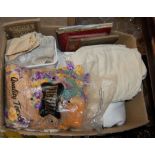 A BOX OF ASSORTED VINTAGE AND LATER NAPERY AND LACE, ETC