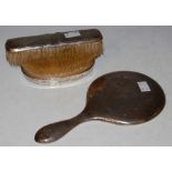 A CHESTER SILVER HAND-HELD DRESSING TABLE MIRROR, TWO SILVER-BACKED BRUSHES