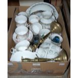 A BOX CONTAINING ASSORTED PARAGON TEA WARE, BRASS CANDLESTICKS, ART GLASS, ETC