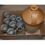 BOX OF ASSORTED STONEWARE TO INCLUDE GOBLETS, POTS, BEAKERS AND A FLAGON
