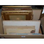 A BOX OF ASSORTED PICTURES TO INCLUDE TWO UNSIGNED GILT FRAMED OILS, TWO LITHOGRAPHIC PRINTS AFTER