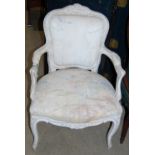 A WHITE PAINTED FRENCH FAUTEUIL ARMCHAIR WITH UPHOLSTERED BACK, ARMS AND SEAT