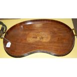 A MAHOGANY AND MARQUETRY KIDNEY SHAPED TWO HANDLED TRAY