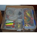 A BOX OF ASSORTED FISHING LURES AND OTHER TACKLE