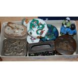 SMALL BOX OF ASSORTED CLOISONNE, METAL WARE AND CERAMIC ITEMS TO INCLUDE VESTA HOLDER, CIRCULAR