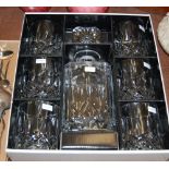 A BOXED ROYAL DOULTON GLASS DECANTER SET COMPRISING DECANTER, STOPPER AND SIX TUMBLERS