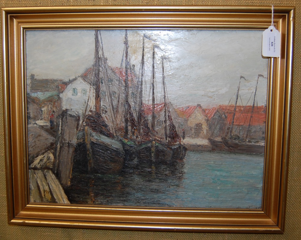 LATE 19TH/ EARLY 20TH CENTURY BRITISH SCHOOL, HARBOUR SCENE, OIL ON CANVAS SIGNED WITH INITIALS 'MH'