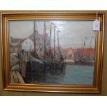 LATE 19TH/ EARLY 20TH CENTURY BRITISH SCHOOL, HARBOUR SCENE, OIL ON CANVAS SIGNED WITH INITIALS 'MH'
