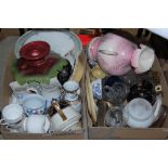 TWO BOXES OF ASSORTED MIXED WARES, TO INCLUDE CERAMICS, GLASS, BRASS WARE, ETC