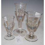 AN 18TH CENTURY WINE GLASS WITH SEMI-FLUTED BOWL ON CONICAL FOLDED FOOT, TOGETHER WITH TWO OTHER